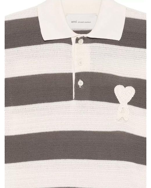 AMI Natural De Coeur Striped Polo Shirt Heart