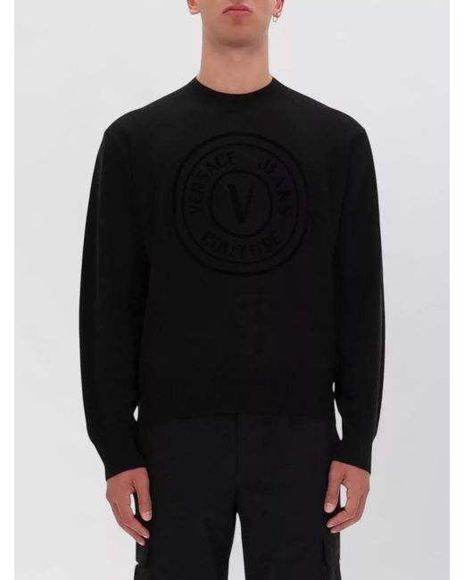 Versace Jeans Couture Black Knit Top Crew Neck V Emblem for men