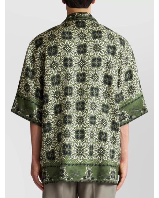 Etro Green Floral-Print Silk Short-Sleeve Shirt for men