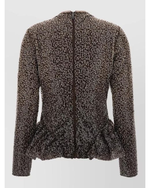 ROTATE BIRGER CHRISTENSEN Black Sequin Embellished Peplum Hem Long Sleeve Top