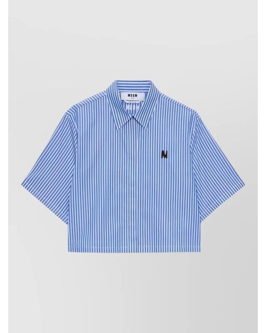 MSGM Blue Casual Short Sleeves Striped Pattern Top