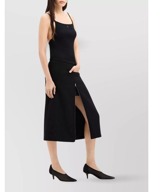 Courreges Black Crepe-Texture Tailored Mid-Rise A-Line Midi Skirt