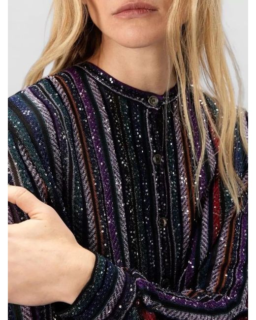 Missoni Black Long Sleeve Sequin Striped Round Neck Top
