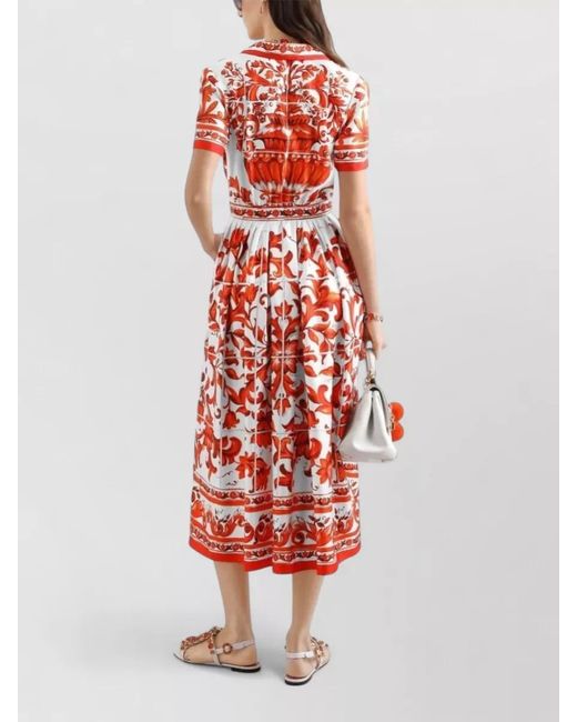 Dolce & Gabbana Red Silk Majolica Print Midi Dress