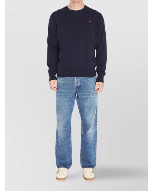 AMI Blue Merino Wool Regular-Fit Crew-Neck Sweater for men