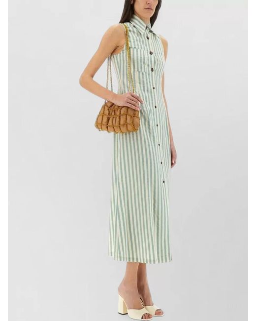 Alysi Green Striped Sleeveless Chemisier Dress Side Slit