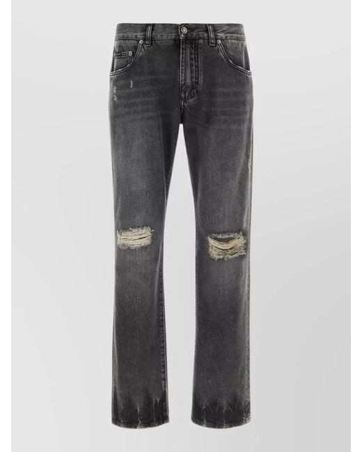 Dolce & Gabbana Gray Denim Trousers Belt Loops Distressed Faded Five Pocket for men