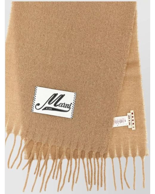 Marni Natural Logo Patch Scarf With Fringed Edges