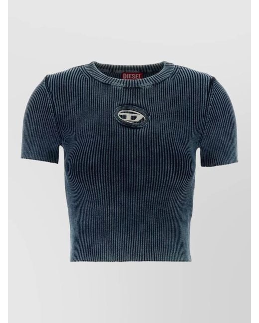 DIESEL Blue Cotton Ribbed Cutout Short-Sleeve T-Shirt