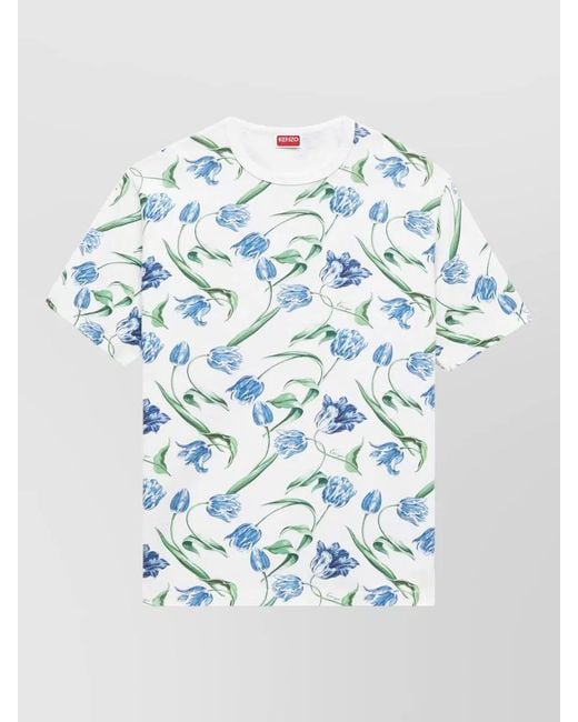 KENZO Blue Tulip Print Cotton Crew Neck T Shirt for men