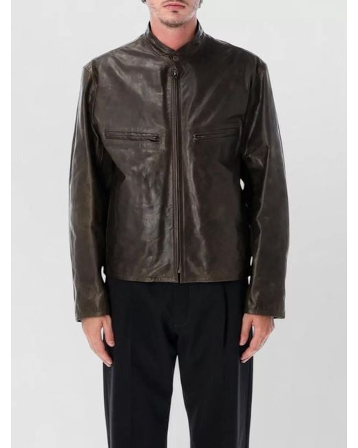 Lemaire Black Biker Jacket Stand Collar Casual Style for men