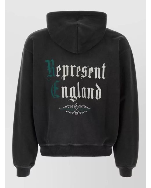 Represent Black Cotton Hooded Sweatshirt Front Pockets Ribbed for men