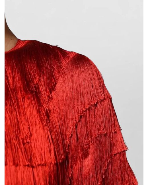 Dolce & Gabbana Red Silk Fringe Short-Sleeve Knee-Length Dress