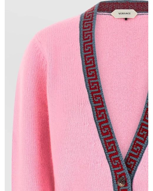 Versace Pink Cashmere Wool V-Neck Ribbed Cardigan