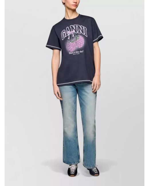 Ganni Blue Cotton T Shirt Graphic Crew Neck