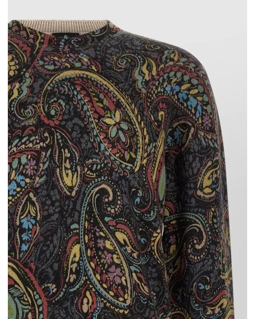 Etro Gray Paisley Knit Crew Neck Long Sleeve Top for men
