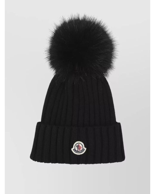Moncler Black Wool Hat Folded Cuff Detachable Fur Pompom