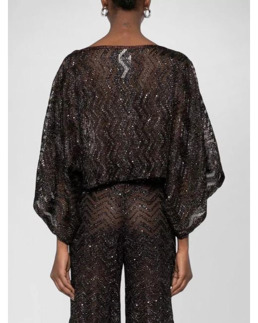 Missoni Black Cropped Top Wide Sleeves Sequin Sheer Zigzag