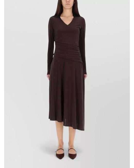 Tory Burch Red Midi Dress Ruched Skirt V Neckline