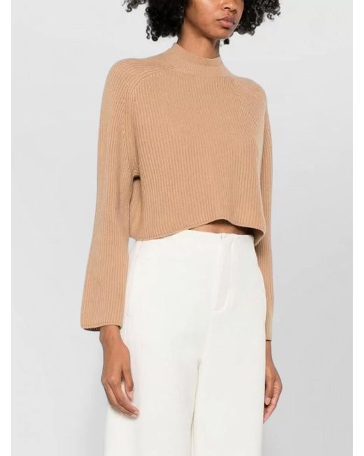 Max Mara White Cropped Ribbed Knit Top Mock Neck