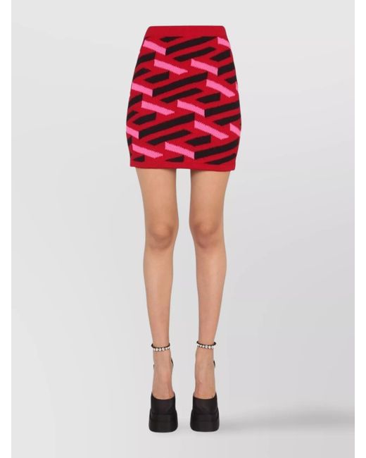 Versace Red Wool La Greca Knit Skirt