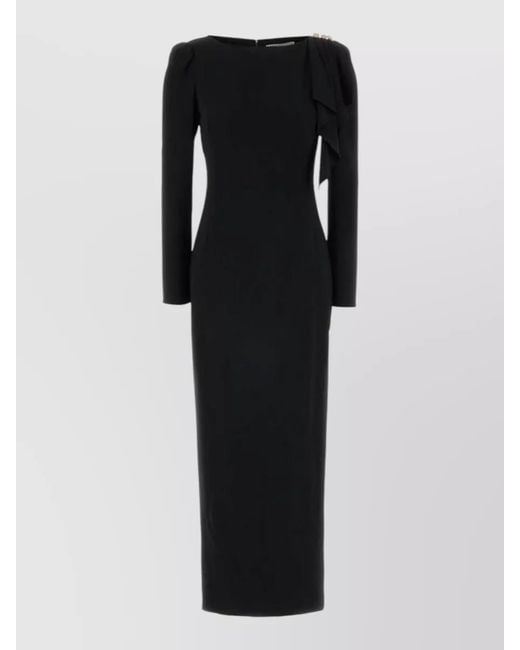 Alessandra Rich Black Long Cady Dress Detailed Shoulders Sleeves