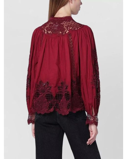 Farm Rio Red High Neck Lace Top Long Sleeves