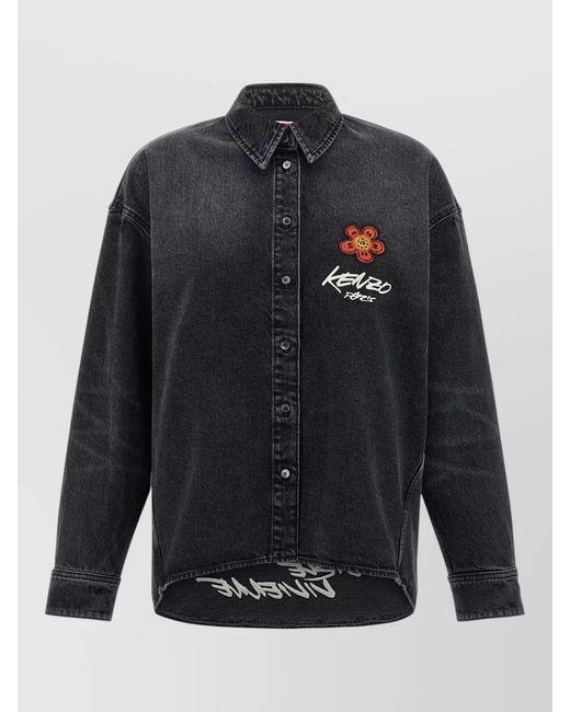 KENZO Blue Long Sleeve Shirt Curved Hem Yoke