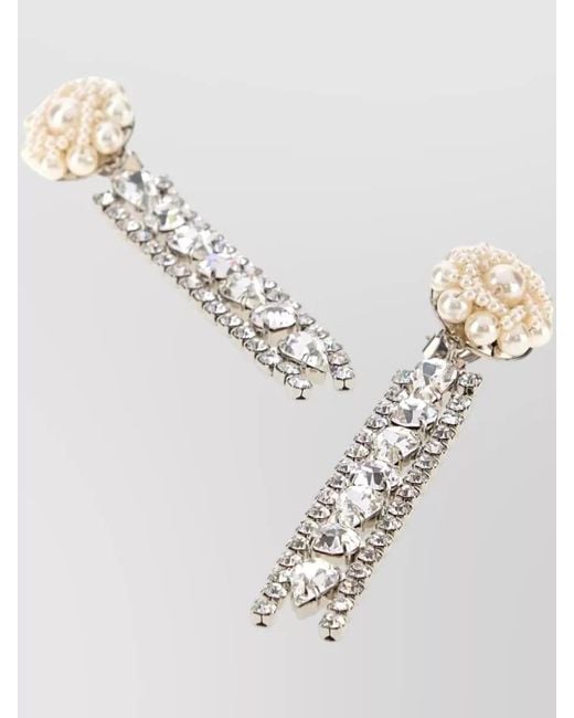 Alessandra Rich White Crystal Drop Metal Earrings Pearl Detail