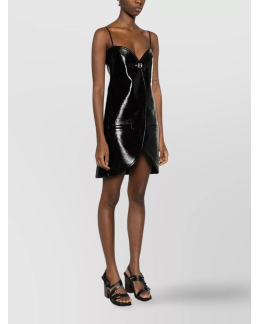 Courreges Black Knee-Length Crinkled Sweetheart-Neck Spaghetti-Strap Dress