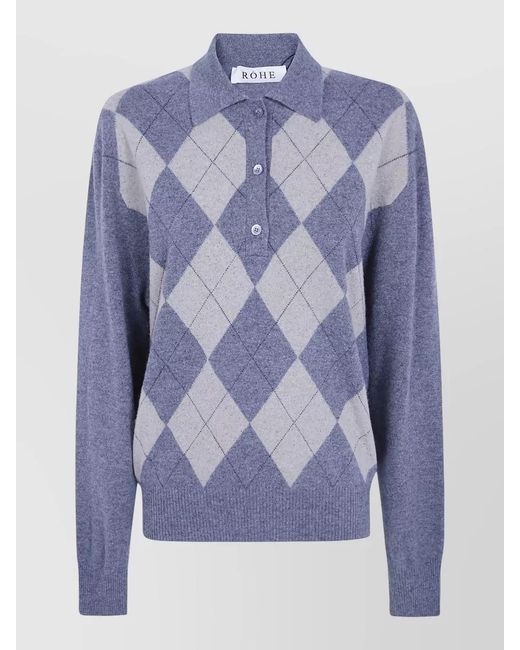 Rohe Blue Argyle Knit Polo Shirt Collared Ribbed Trims