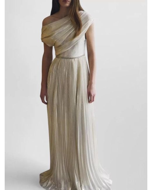 Self-Portrait Natural Metallic Chiffon Gown Asymmetrical Neckline Belt