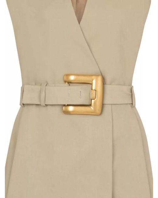Balmain Natural Cotton V-Neck Sleeveless Belted Mini Dress