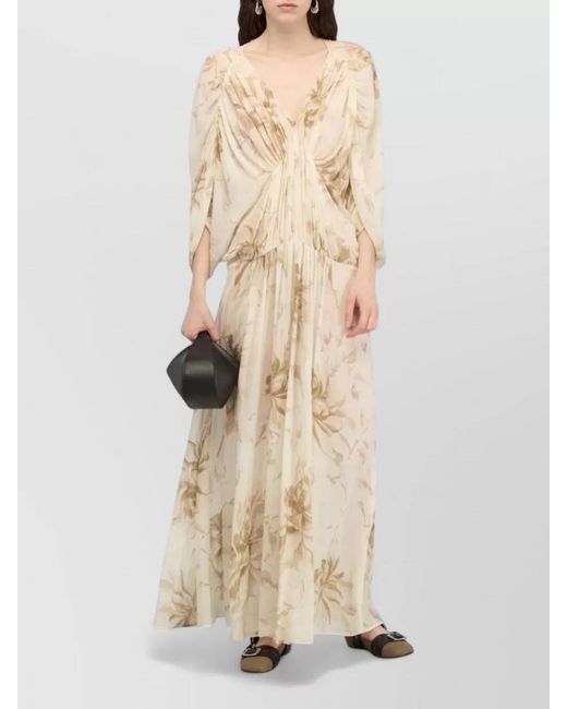 Semicouture Natural Floral-Print V-Neck Gathered-Waist Maxi Dress