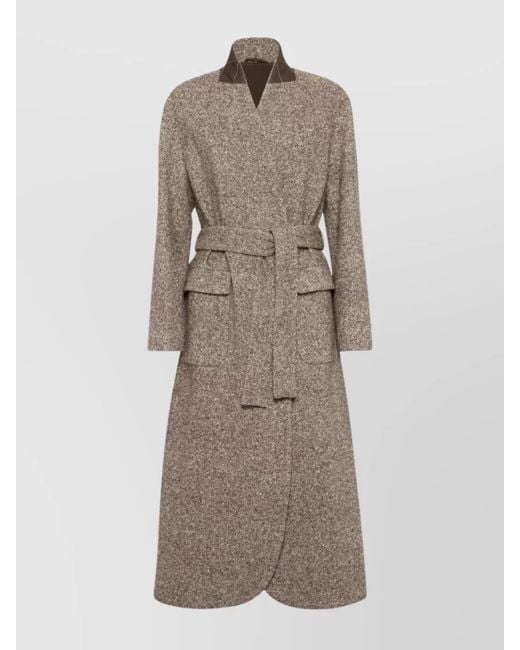 Brunello Cucinelli Natural Silk Wool Belted Single Breasted Coat