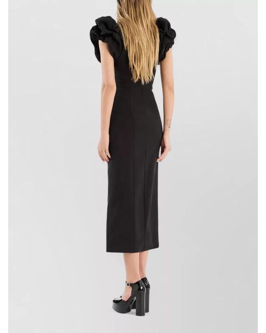 ROTATE BIRGER CHRISTENSEN Black Crepe Puff-Sleeve Fitted Midi Dress
