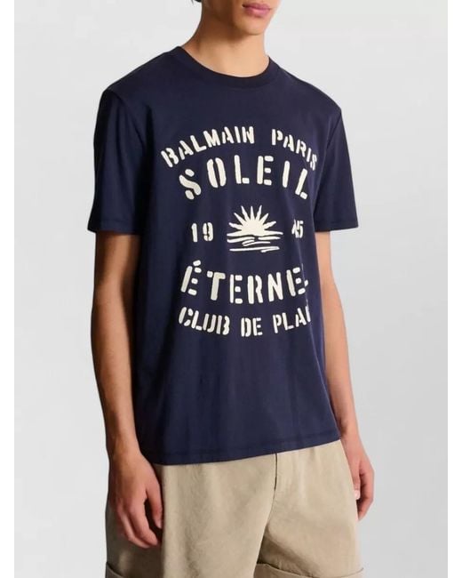 Balmain Blue Crew Neck Graphic Print Short Sleeve T-Shirt for men