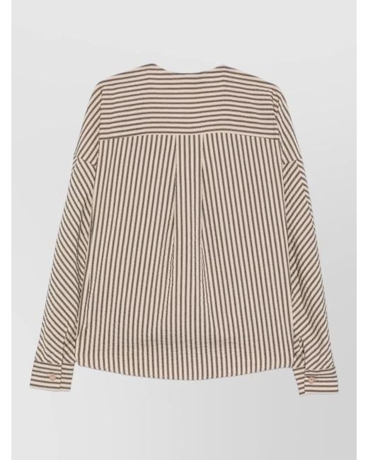 Alysi Natural Striped Blouse Long Sleeves Curved Hem Neckline