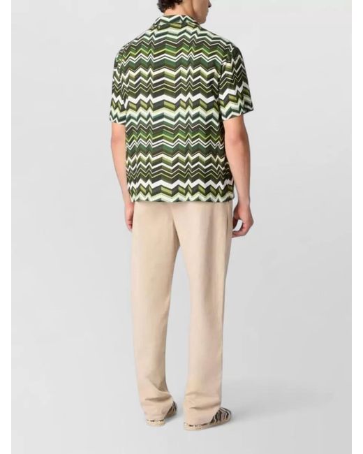Missoni Green Camp Collar Shirt Chevron Zigzag Pattern for men