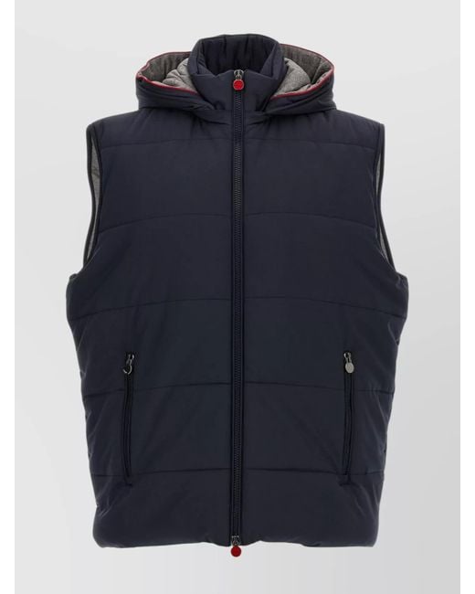 Kiton Blue Hooded Padded Vest With Side Zip Pockets for men