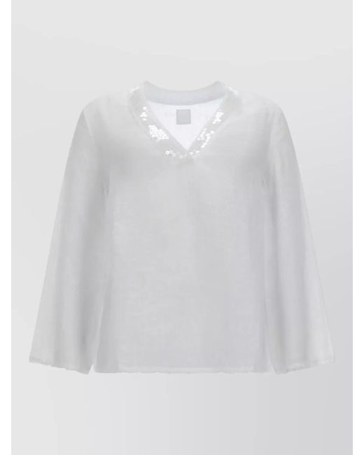 120% Lino White V Neck Shirt Long Sleeves Sequins Sheer