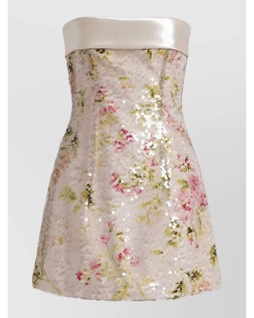 Alberta Ferretti Natural Strapless Dress Satin Trim Floral Sequins