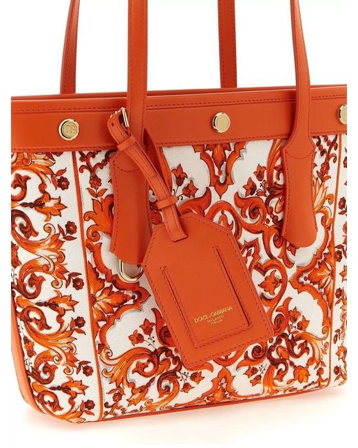 Dolce & Gabbana Orange Atene Shoulder Shopping Bag Ornate Pattern Dual Handles