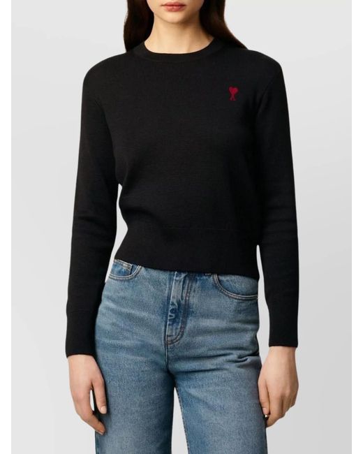 AMI Black Merino Wool Logo-Embroidered Crew-Neck Jumper