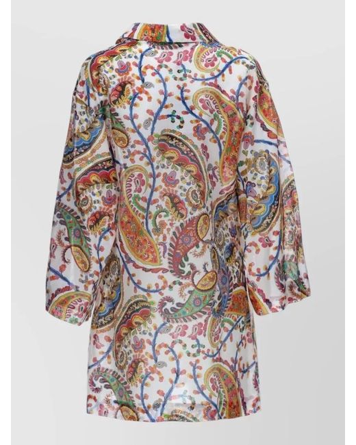 Etro Gray Silk Paisley-Print V-Neck Knee-Length Dress