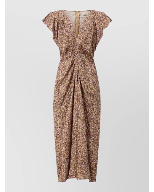 Isabel Marant Natural Silk Floral-Print V-Neck Short-Sleeve Ruffled Midi Dress