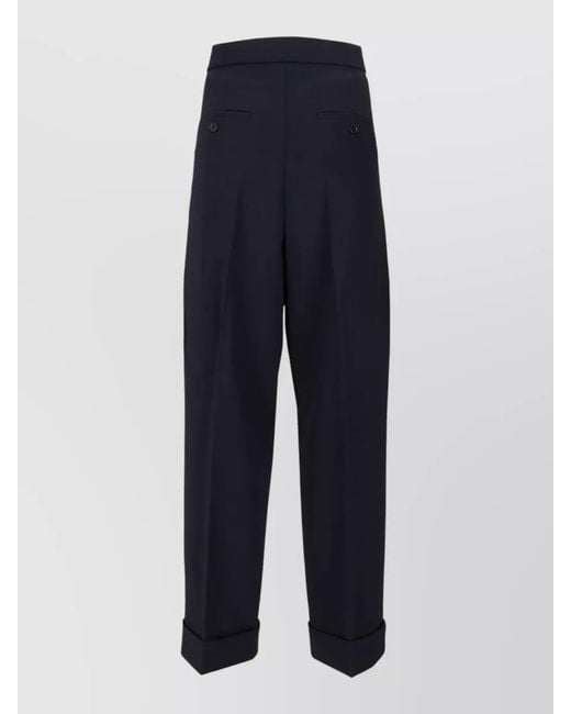 Max Mara Blue Pleated Trousers Cuffed Hem Buttoned Back Pockets