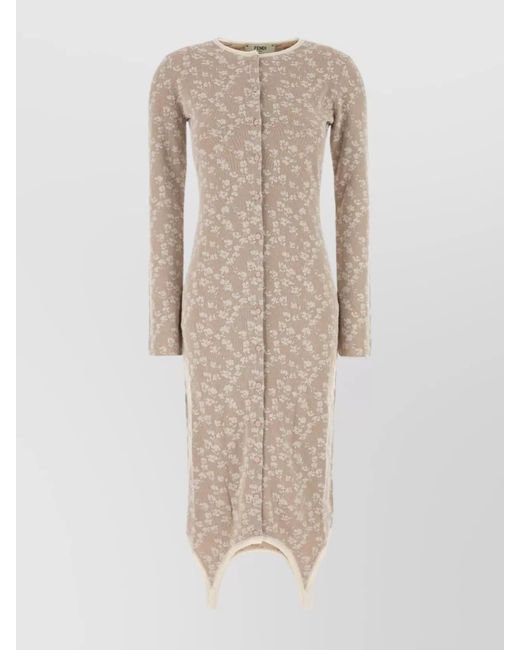 Fendi Natural Embroidered Cotton Blend Knitted Dress