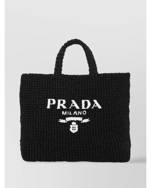 Prada Raffia Shopping Bag Knitted Design Top Handles in Black Lyst