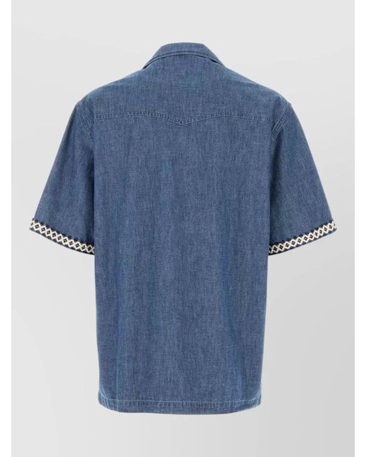 Valentino Garavani Blue Denim Shirt Short Sleeves Patch Pockets Embroidery for men